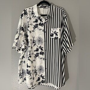 Atlanl-Size 3XL-Black/White half pinstripe half floral short sleeve button up